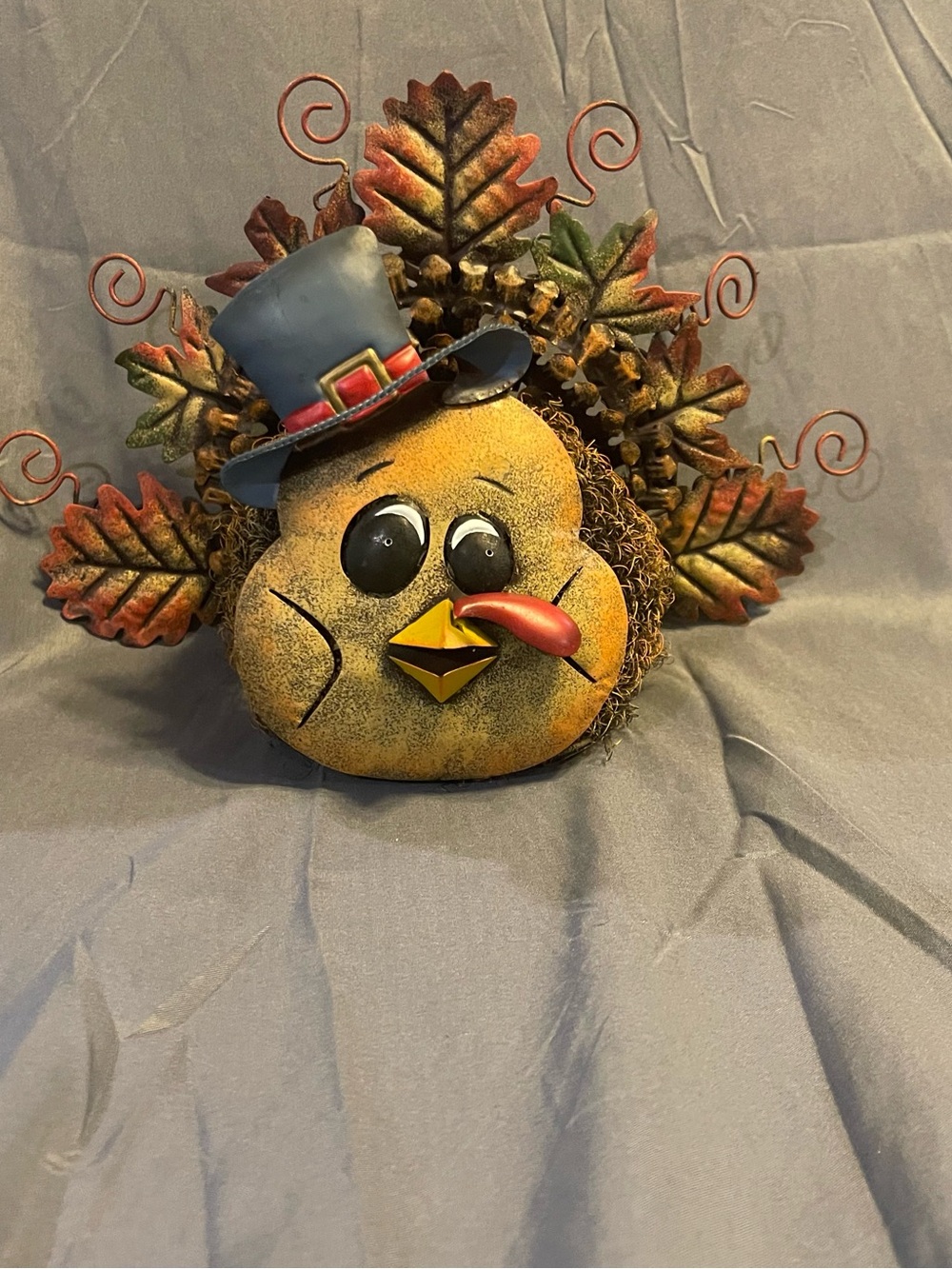 Festive Yellow Turkey Face Accent with Blue Hat and Autumn Leaves